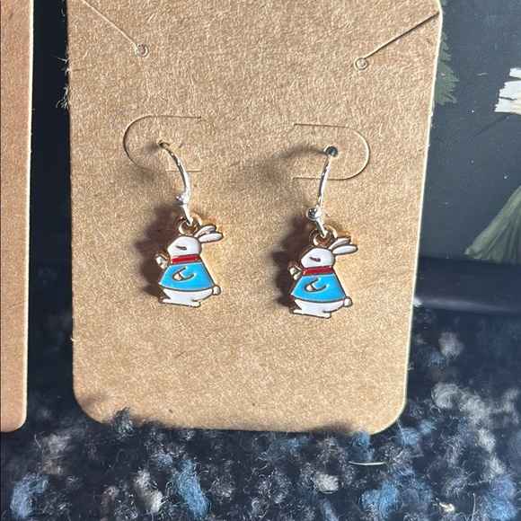 Hand Crafted Blue and White Bunny Earrings - Picture 3 of 4